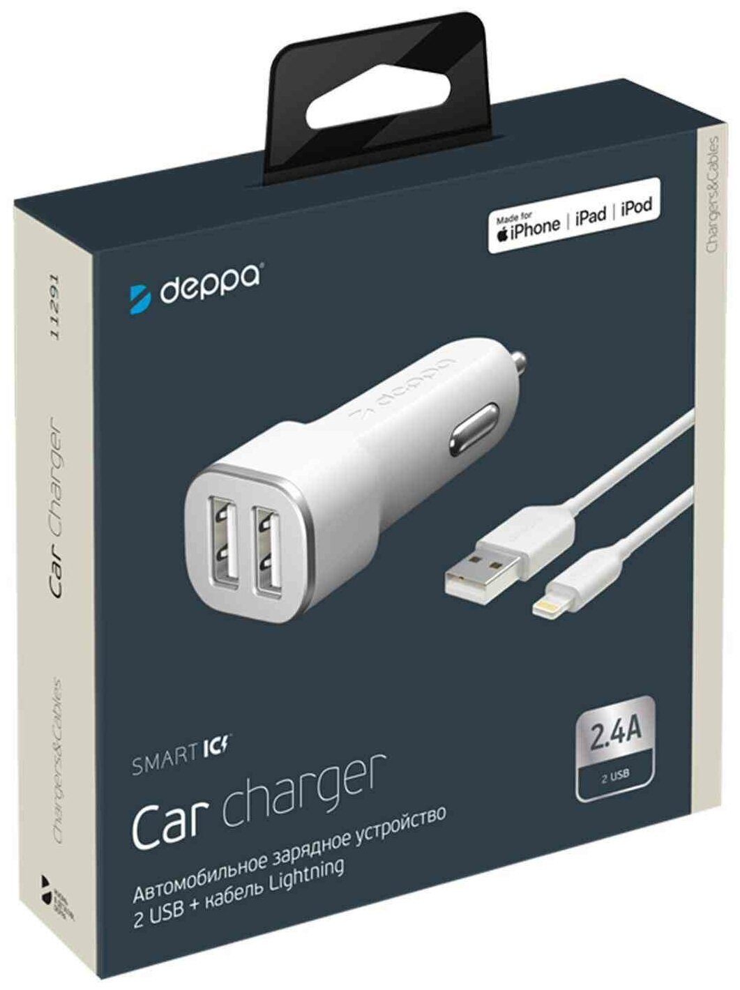 Автомобильное зарядное устройство Deppa 2 USB 2.4А + кабель Lightning (11291) white