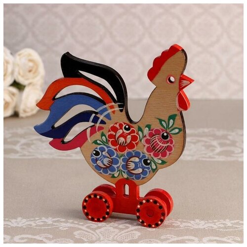 Сувенир «Петух на колесиках», 17х16 см, городецкая роспись, ручная работа (1 шт.)