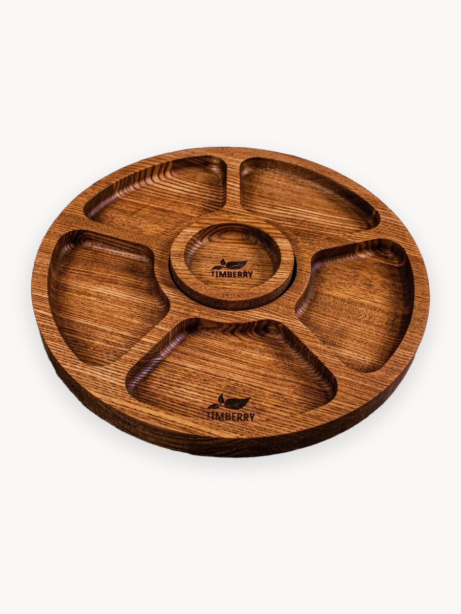 Менажница деревянная круглая 25 см из натурального дуба с соусником