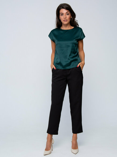 Блуза  IHOMELUX, классический стиль, свободный силуэт, короткий рукав, однотонная, размер 46, зеленый