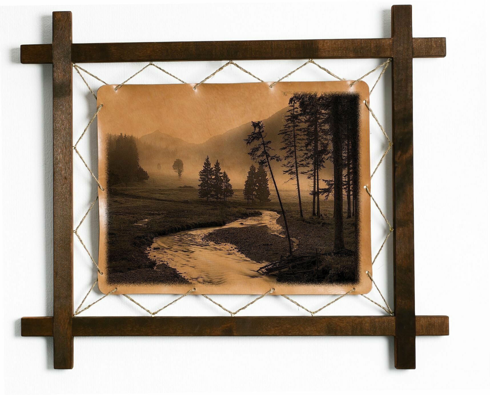 Картина "Лес", интерьерная для украшения и декора на стену кухни гостиной детской комнаты спальни в деревянной рамке, подарок, натуральная кожа, BoomGift