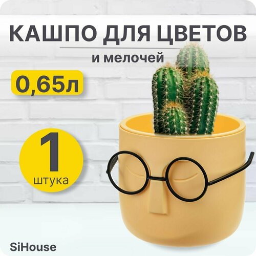 Кашпо для цветов и мелочей 0,65 л Стив D115мм со вставкой Банановый / Горшок для кактусов суккулентов, и фиалок / Голова