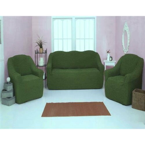 «ЧМ16222» комплект чехлов без оборки на диван и два кресла, зелёный