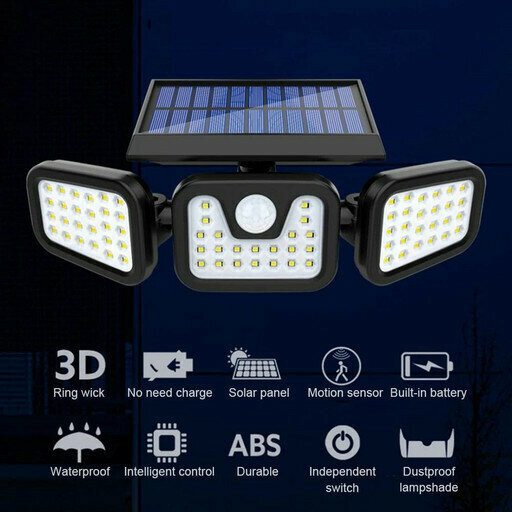 фото Уличный тройной светильник на солнечной батарее с датчиком движения FL-1725A. Split Solar Wall-Lamp Черный