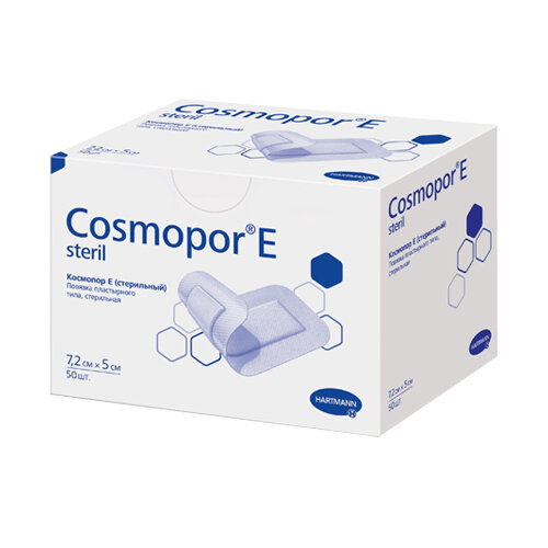 Пластырная повязка на рану COSMOPOR E steril (Космопор Е) для стерильного ухода при повреждениях кожи и послеоперационными ранами: 7,2 х 5 см; 50 шт.