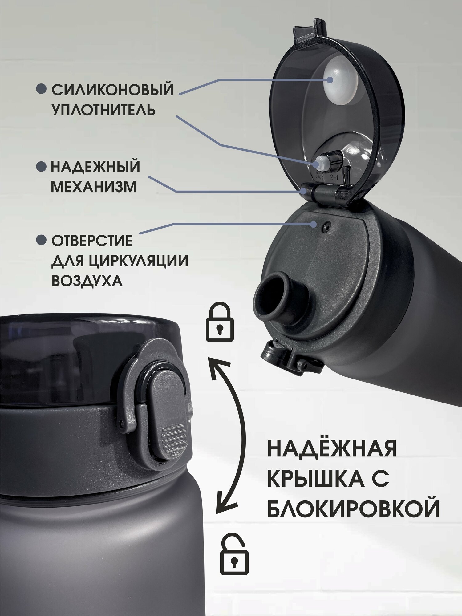 Бутылка для воды спортивная черная с откидной крышкой, 560мл