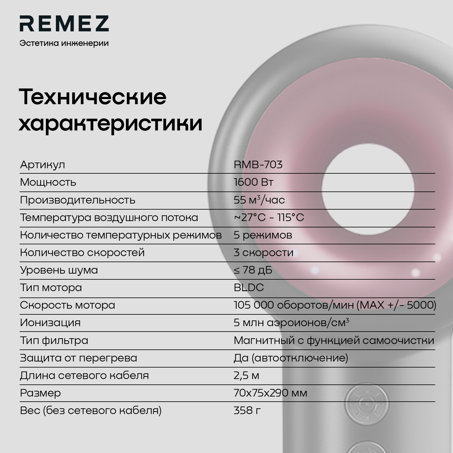 Профессиональный фен-стайлер с насадками REMEZ Model E RMB-703 - фотография № 15