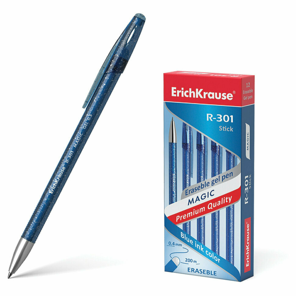 Ручка стираемая гелевая ERICH KRAUSE "R-301 Magic Gel", синяя, корпус синий, узел 0,5 мм, линия письма 0,4 мм, 45211, 143312
