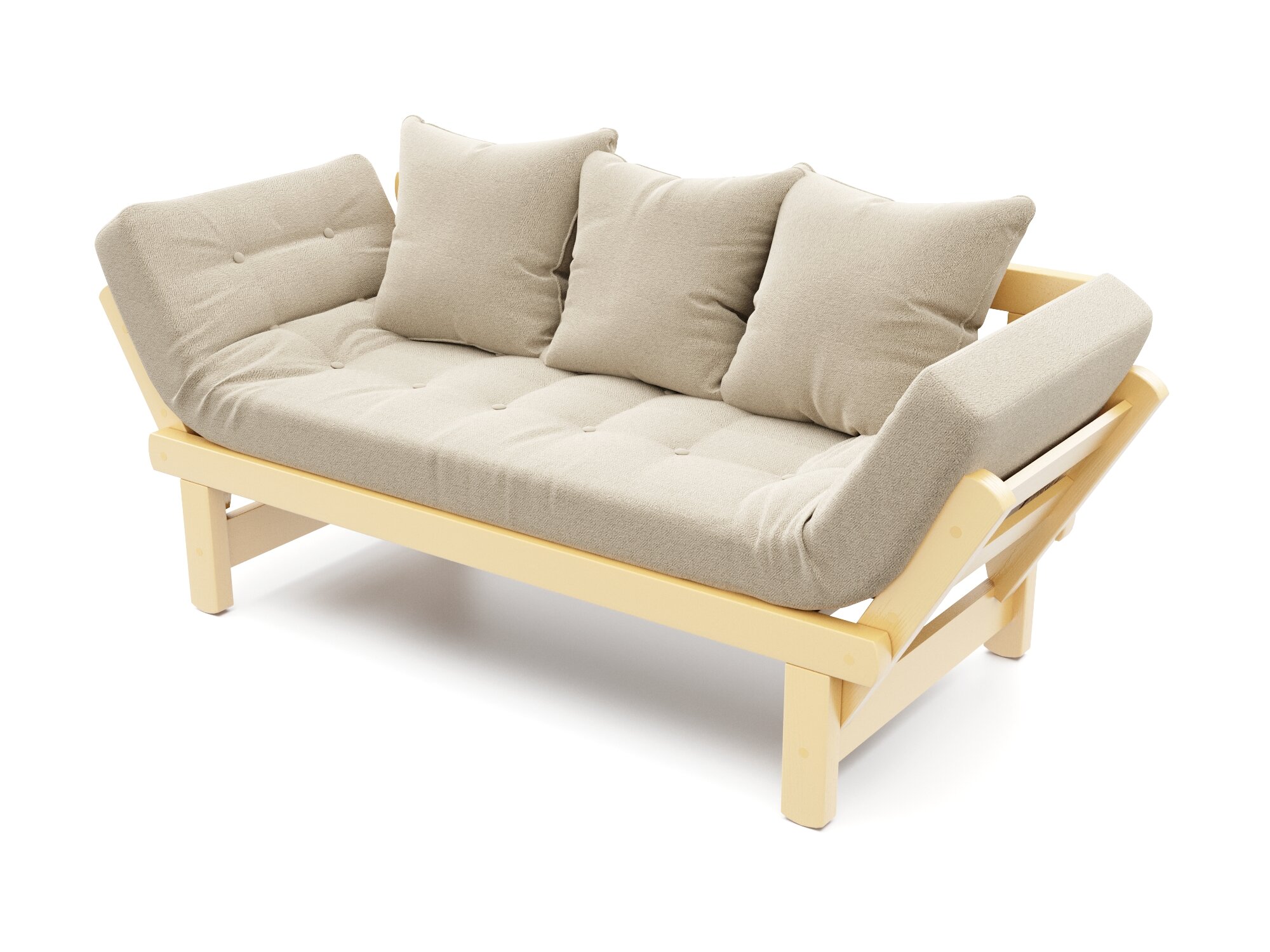 Деревянный диван кушетка Soft Element Эльф, раскладные подлокотники, рогожка, бежевый-желтый, скандинавский лофт, дачная, в баню