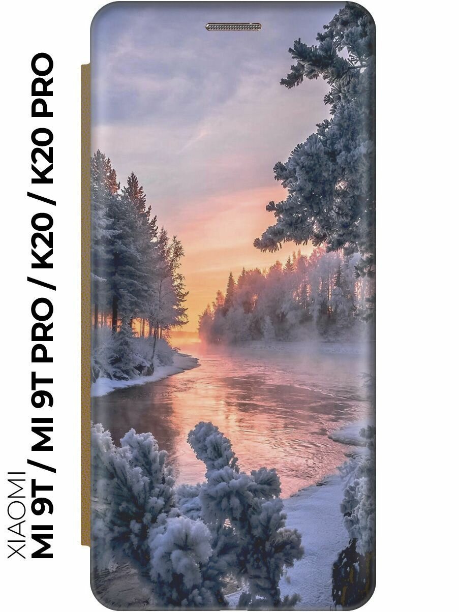 Чехол-книжка Река в заснеженном лесу на Xiaomi Mi 9T / Mi 9T Pro / K20 / K20 Pro / Сяоми Ми 9Т / Ми 9Т Про золотой