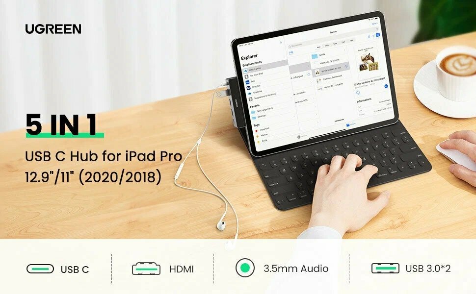 USB концентратор Ugreen для iPad Pro (хаб) 2 x USB 30 HDMI 35 jack PD (70688)