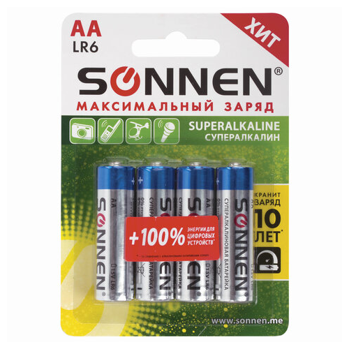 Батарейки комплект 4 шт, SONNEN Super Alkaline, АА (LR6,15А), алкалиновые, пальчиковые, блистер, 451094 батарейки sonnen 451095 комплект 12 шт