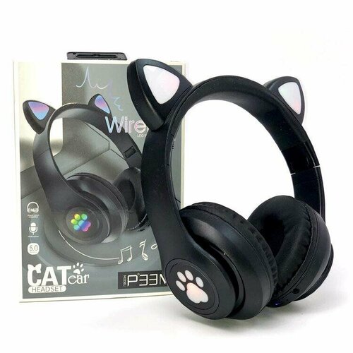 Наушники кошачие ушки черные gainbang cat ear wireless bluetooth headphones with led light noise cancelling mic earphones support tf card 3 5mm plug headsets