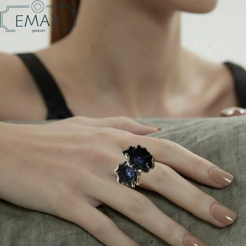 Кольцо Emay, фианит, искусственный камень, размер 19, черный, синий