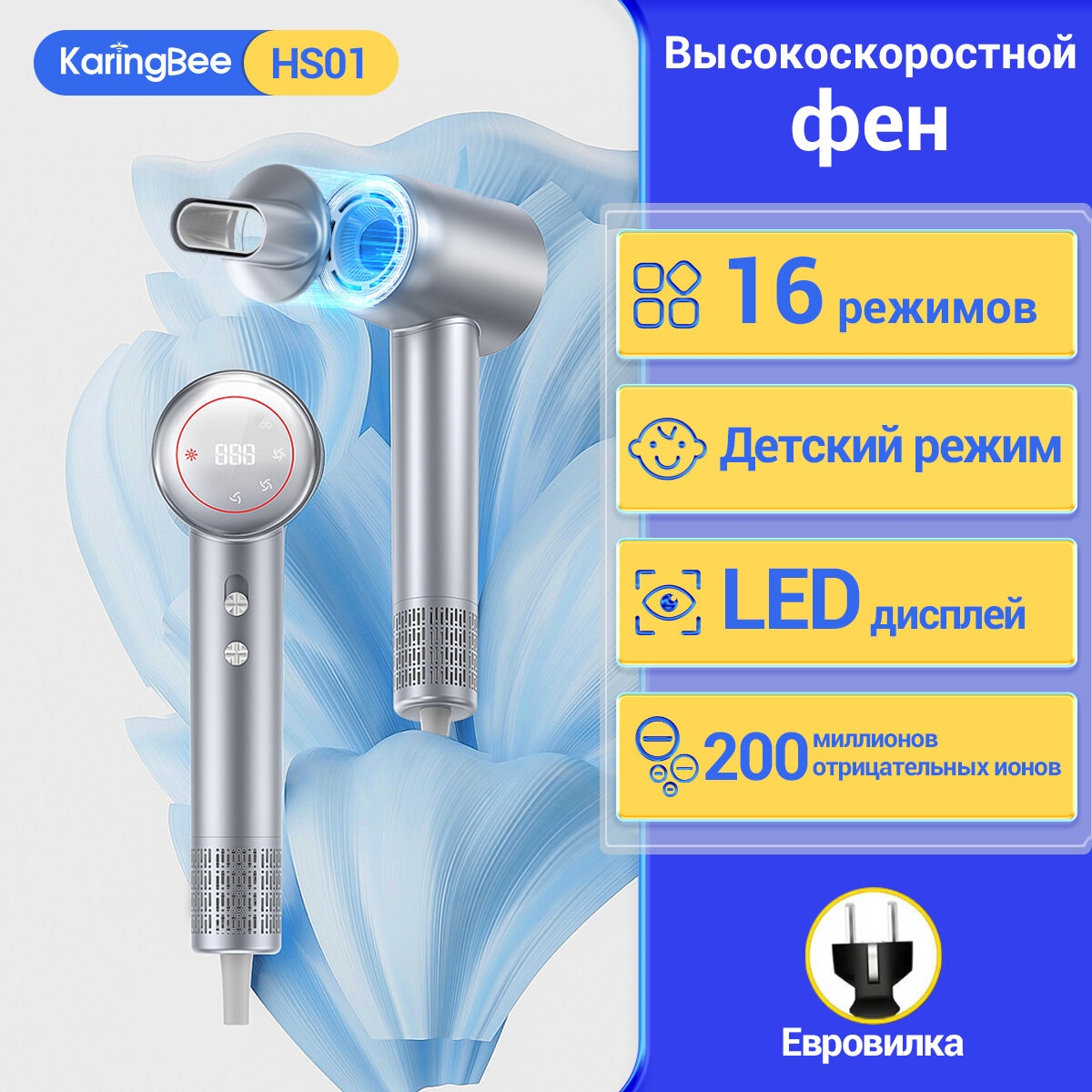 фото Фен на большой скорости KaringBee HS01 1500 Вт, ионизация воздуха, Белый