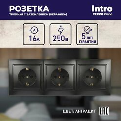 Розетка Intro Plano, с заземлением, скрытый монтаж, 3 поста, IP20, черная/антрацитовая