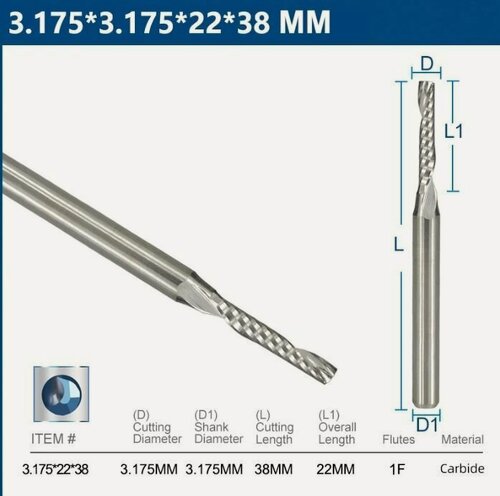 Изображение товара Фреза спиральная XCAN однозаходная 3,175x3,175x22x38мм, Фреза концевая спиральная по дереву и пластику