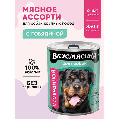 Корм для собак влажный, вкусмясина с говядиной, 850 г х 6 шт.