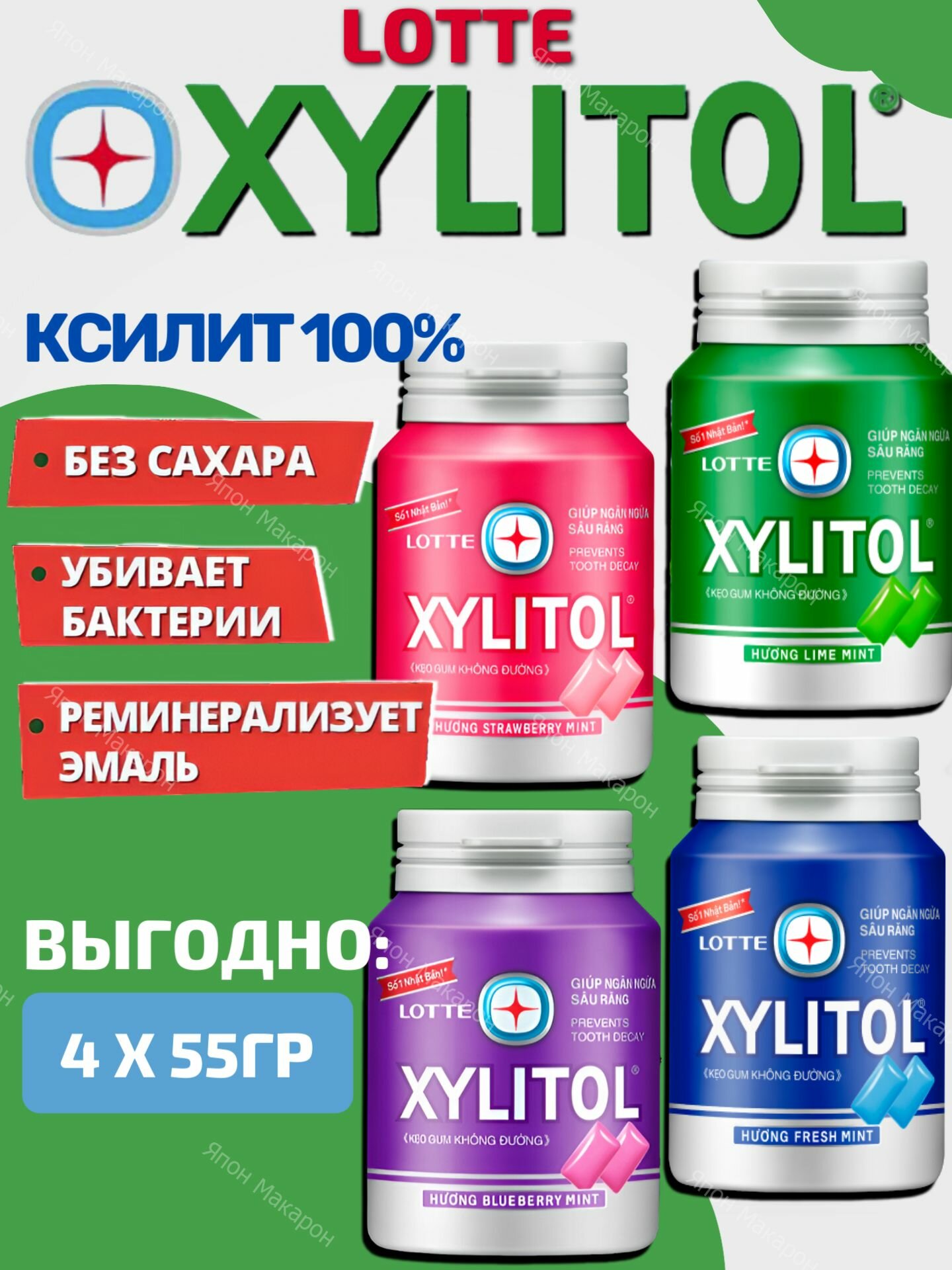 Жевательная резинка без сахара XYLITOL набор 4 штукb, Lotte