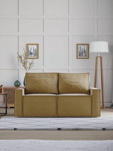 Изображение товара Прямой диван Manons Maison MINI, раскладной механизм Еврокнижка, Велюр Желтый, 170х102х95 см