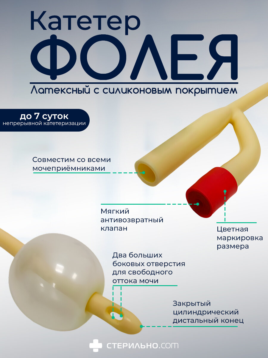 Изображение F218 Мочевой катетер Фолея, универсальный, двухходовой CH/FR 18, длина 40см, баллон 30мл, латексный с силиконовым покрытием 10шт.