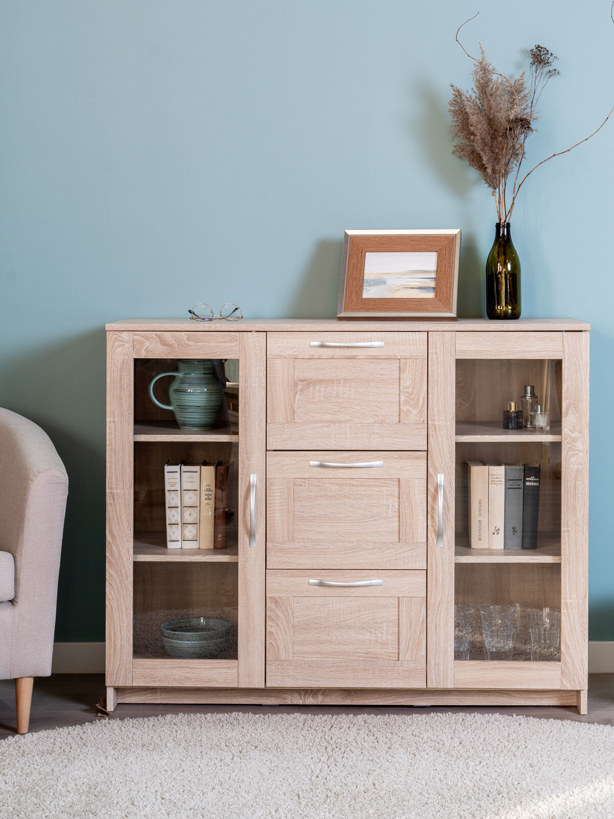 Тумба ГУД лакк Сириус 2 двери со стеклом и 3 ящика 117х41х95 см дуб сонома