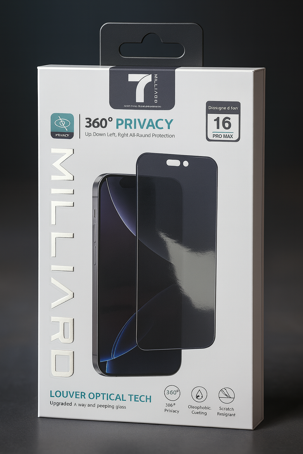 Закаленное стекло с 7Milliard на 360° – iPhone 16 Pro Max, полный фильтр конфиденциальности тонировка 100