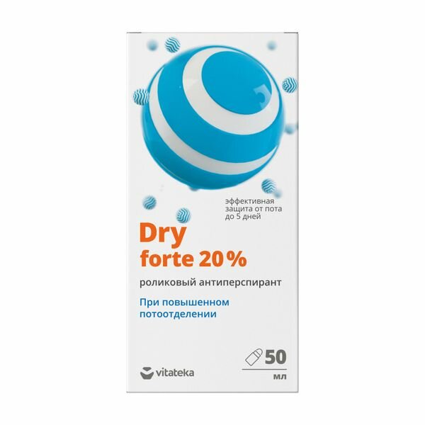 Дезодорант шариковый Vitateka Dry forte без спирта от обильного потоотделения 20 %, флакон 50 мл