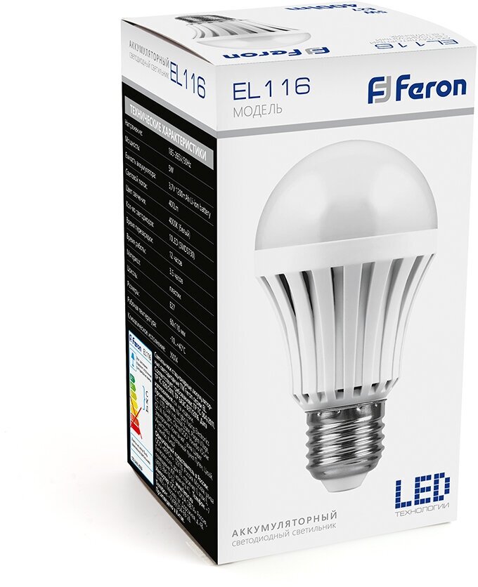 Светильник светодиодный аккумуляторный LED 5 Вт Е27 AC/DC (литий-ионная батарея) Feron