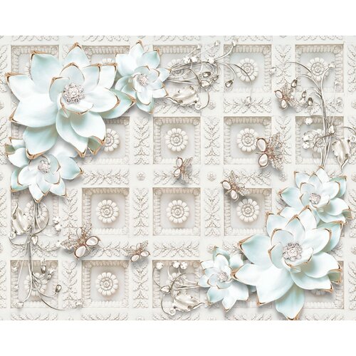 Моющиеся виниловые фотообои GrandPiK Белые цветы на лепном декоре 3D, 350х280 см