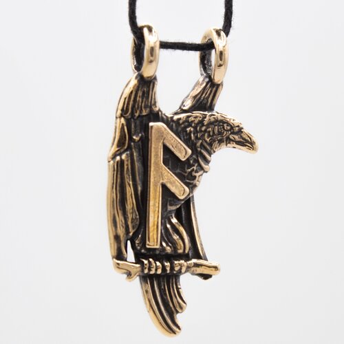 фото Ворон с руной ансуз, подвеска на шею, кулон, оберег, талисман, бронза, ручная работа рязанская литейная мастерская