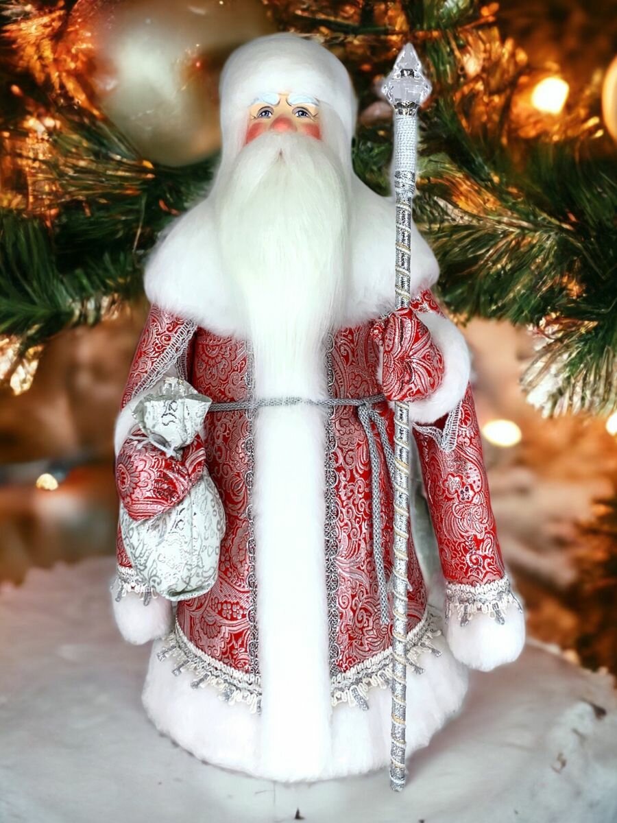 Дед Мороз под ёлку 50 см красная, серебряная шубка ручная работа