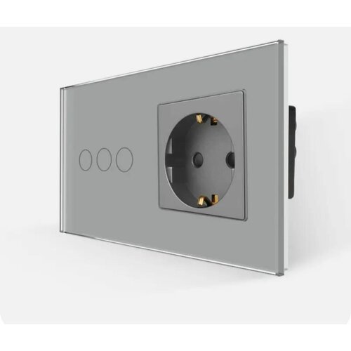 Розетка и переключатель трехклавишный со стеклянной панелью (Серая)Bingoelec