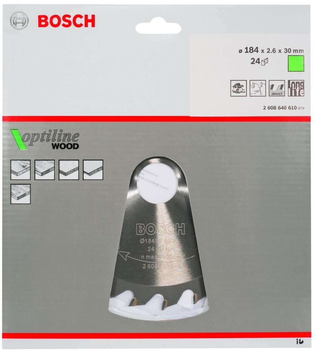 Диск пильный по дереву OPTILINE (184х30 мм; 24T) для ручных циркулярных пил Bosch 2608640610