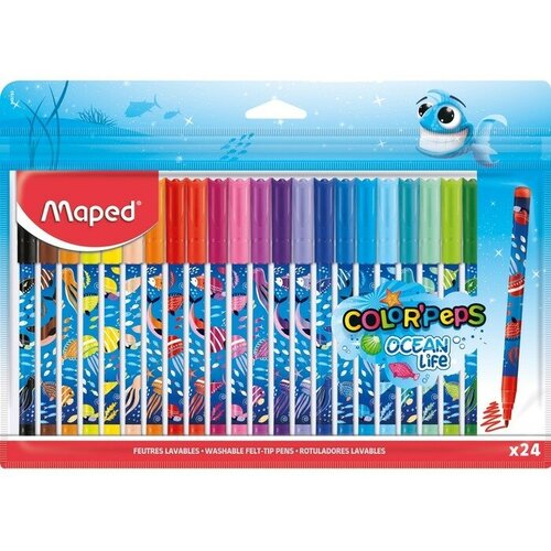 фото Фломастеры 24цв maped color'peps ocean life суперсмыв, заблок пишущ уз, декор, пакет с подвес 9877483