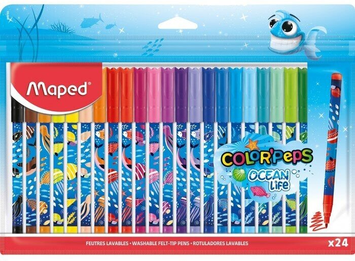 Фломастеры 24цв Maped COLOR'PEPS OCEAN LIFE суперсмыв, заблок пишущ уз, декор, пакет с подвес 9877483