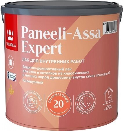 Лак для Деревянных Панелей Tikkurila Paneeli-Assa Expert EP 0.9л Полуматовый Акрилатный без Запах / Тиккурила* Панеели-Ясся*