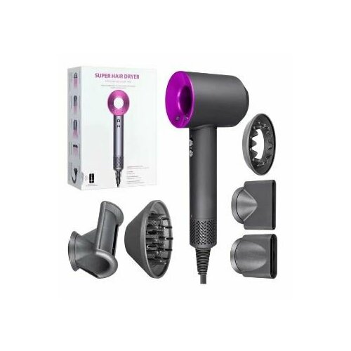 Профессиональный фен для волос Super Hair Dryer 1600 Вт , 3 режима , 5 магнитных насадок , розовый