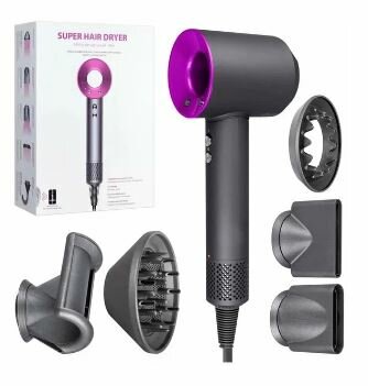 Профессиональный фен для волос Super Hair Dryer 1600 Вт , 3 режима , 5 магнитных насадок , розовый