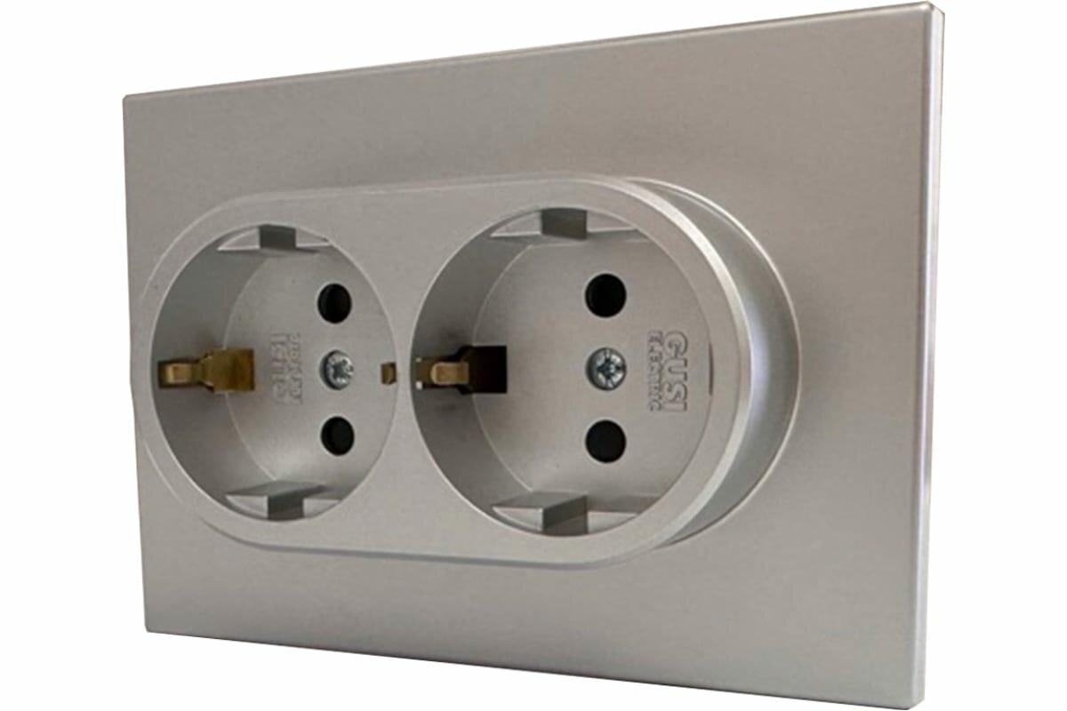 Розетка двойная встраиваемая Gusi Electric с заземлением со шторкой цвет серебро - фото №3