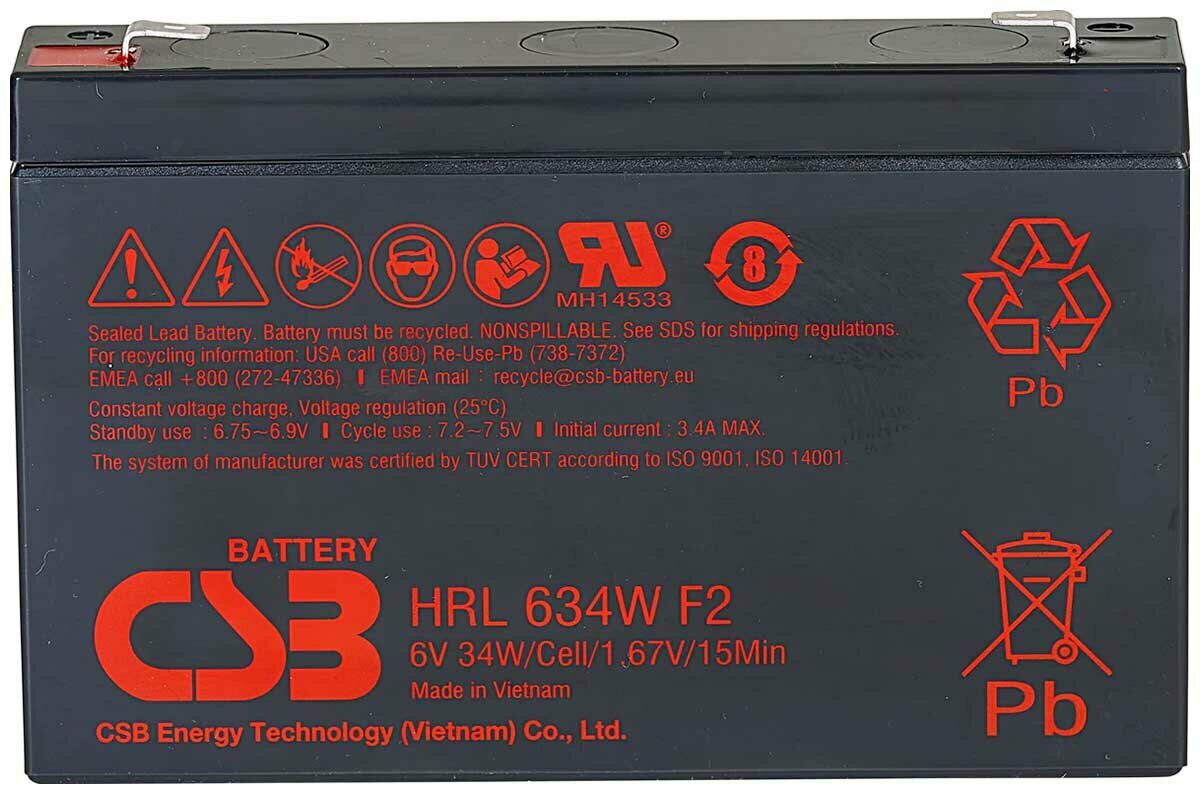 Аккумуляторная батарея для ИБП CSB HRL634W F2 FR (6В, 9Ач)