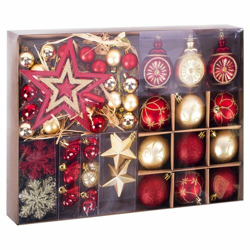 Шары новогодние ёлочные "Red & Gold Luxury" 70 предметов, красный/золото, золотая сказка, 591714 золотистый, красный