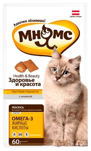 Лакомства Для Кошек Xiaomi Лакомство Мнямс хрустящие подушечки для кошек с лососем "Здоровье и красота", 60гр