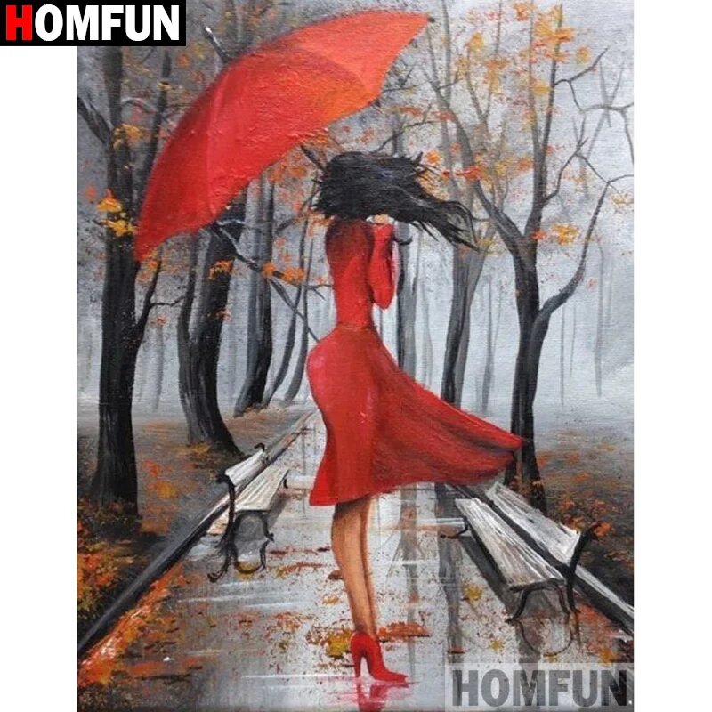 Алмазная картина Homfun Женский красный зонтик платье 60x60 см Square Drill 30x40cm