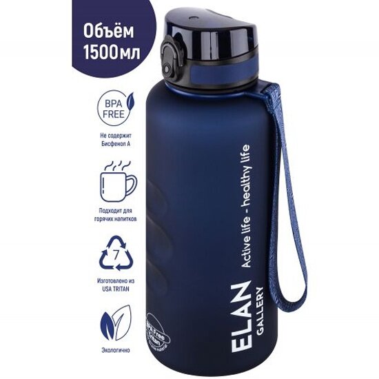 Бутылка для воды 1,5 л 10х10х28,5 см Elan Gallery Style Matte, с углублениями для пальцев, темно-синяя