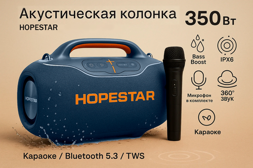 Изображение товара Портативная колонка VoltZona, Bluetooth, до 24ч работы, влагозащита, с микрофоном, синий 350Вт