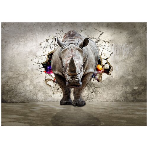 Носорог сквозь стену - Виниловые фотообои, (211х150 см)