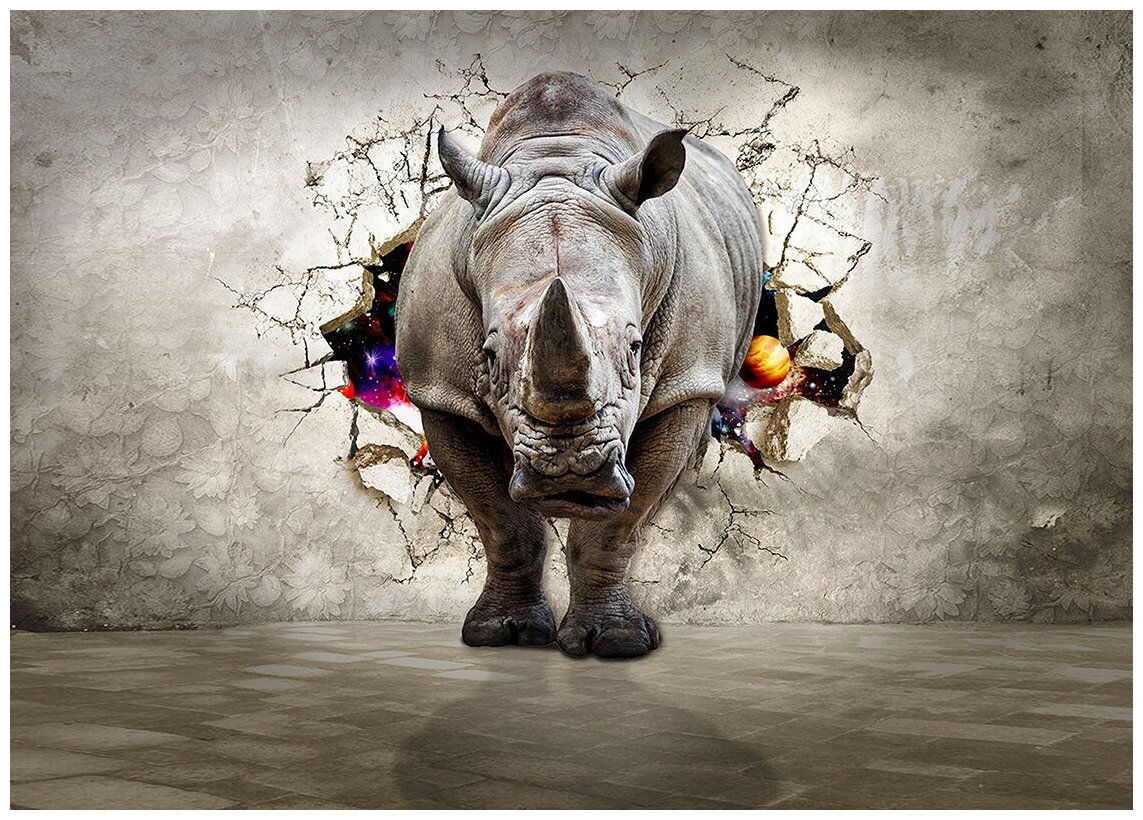 Носорог сквозь стену - Виниловые фотообои, (315х225 см)