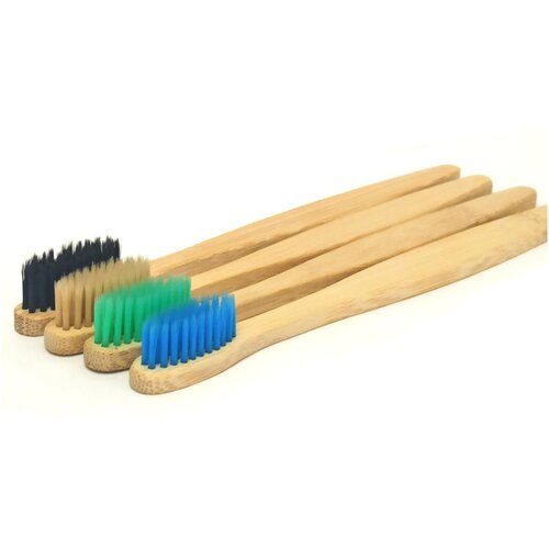 Купить Бамбуковая зубная щетка средней жесткости (набор 4шт) / Зубная щетка из бамбука, Bamboo World, бежевый/синий/черный/зеленый, Зубные щетки