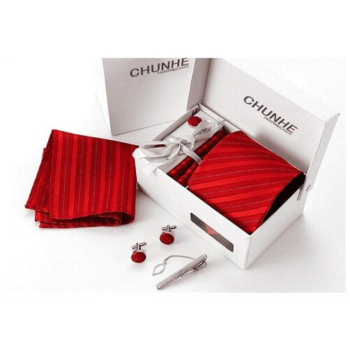 фото Комплект: галстук, запонки, платок, зажим красный в полоску 2beman